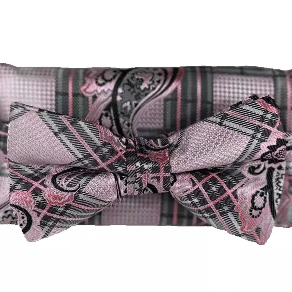Stacy Adams Men's Bow Tie Hanky Set Pink Charcoal Gray Silver Black 2.5" Wide